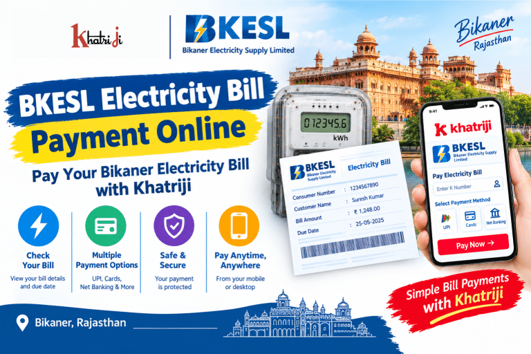 BKESL Electricity Bill Payment Online with Khatriji, showing an electricity meter, electricity bill, Bikaner city elements and a smartphone payment interface.