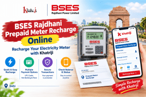 BSES Rajdhani prepaid meter recharge online with Khatriji, showing a prepaid electricity meter, CA Number, and mobile payment interface.