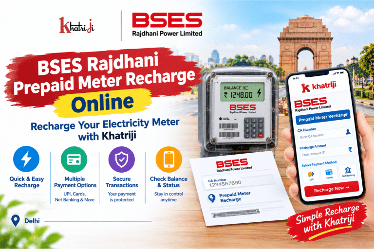 BSES Rajdhani prepaid meter recharge online with Khatriji, showing a prepaid electricity meter, CA Number, and mobile payment interface.